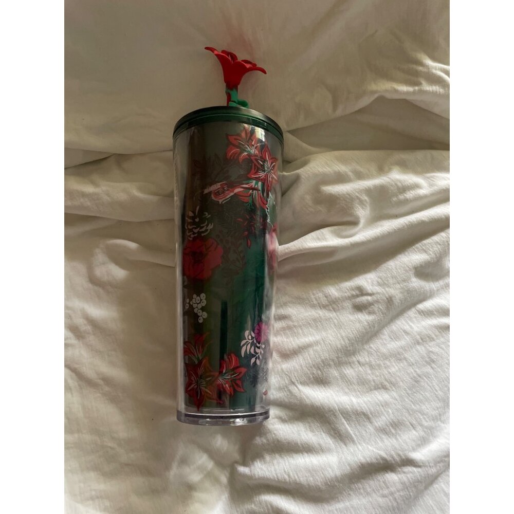 Starbucks Floral Forest-Themed Tumbler With Red Flower Straw Top
